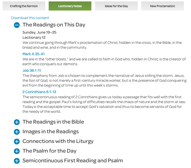 preaching page lectionary notes tab