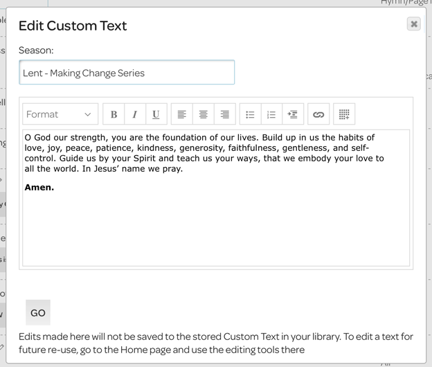 edit custom text in a plan
